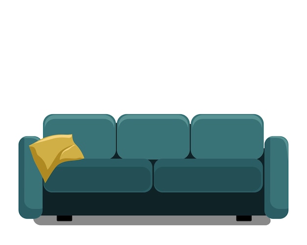 Emerald sofa with yellow cushion Furniture living room Cartoon illustration on white background