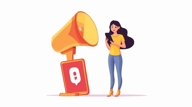 Vector emergency call concept woman stands near small business phone booth