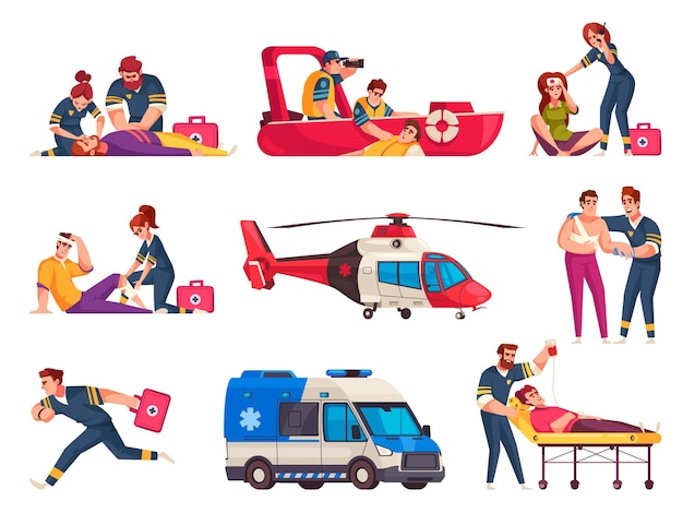 Emergency cartoon icons set with safety and first aid professionals isolated vector illustration