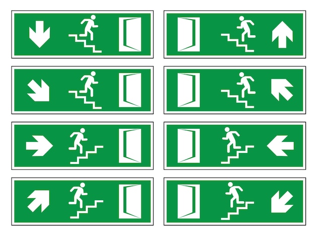 Emergency exit door Sign with a human figure on the stairs Vector illustration