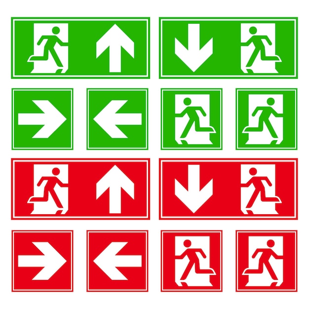 Emergency exit sign escape point evacuation set bundle man running exited danger collection