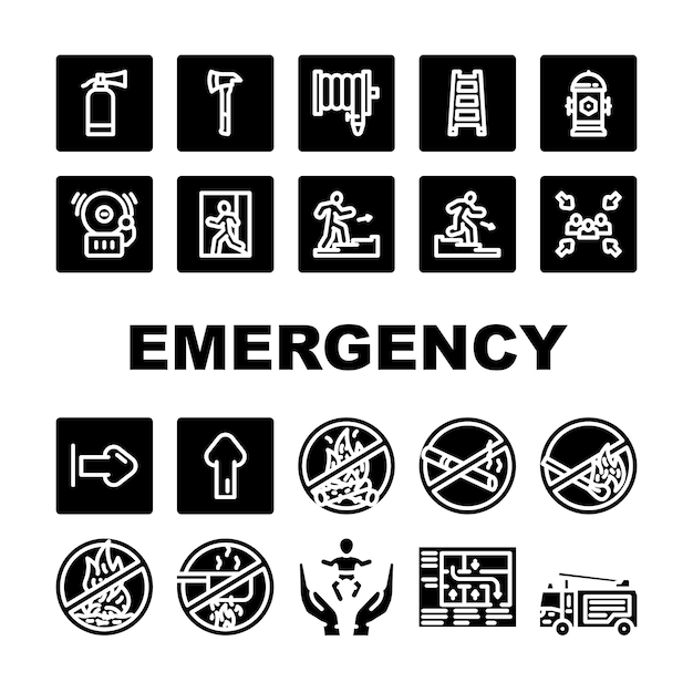 emergency fire exit safety escape icons set vector building green rescue red evacuation signal warning danger equipment ladder risk emergency fire exit safety escape glyph pictogram Illustrations