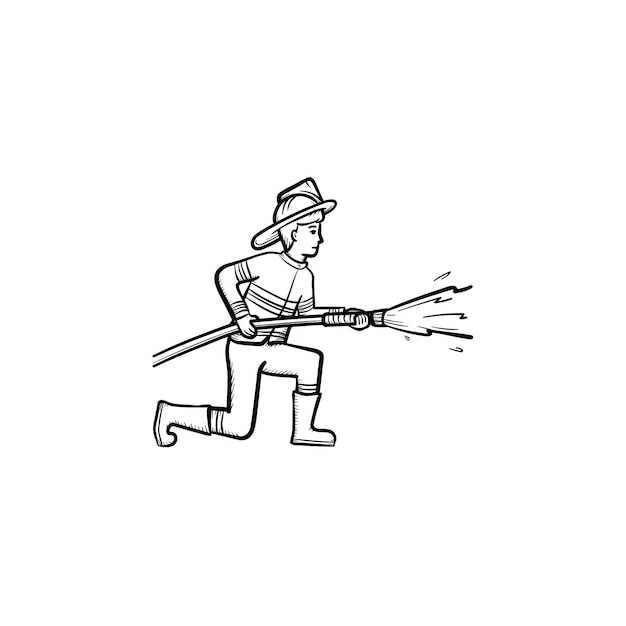 Emergency fireman spray water through a hose to a fire hand drawn outline doodle icon. Firefighter extinguishing the fire vector sketch illustration for print, web, mobile and infographics.