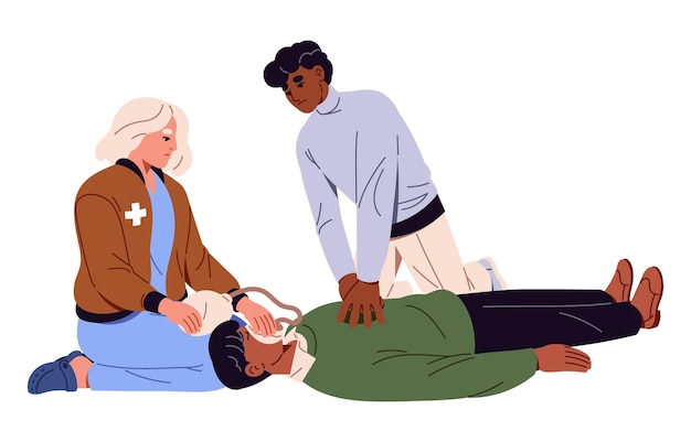 Vector emergency medics do cpr heart massage resuscitation ambulance doctors do first aid help in cardiac arrest rescue of victim in accident flat isolated vector illustration on white background