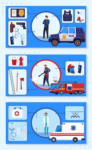 Emergency protection service vector illustration. Cartoon flat emergency infographic banner collection with rescue people, doctor fireman police characters and medical, protective rescuing equipment