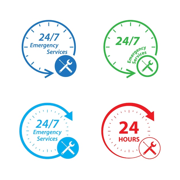 Emergency services 24 hours icon set Clock screwdriver and wrench logo Badge time customer open assistance delivery Flat Vector illustration