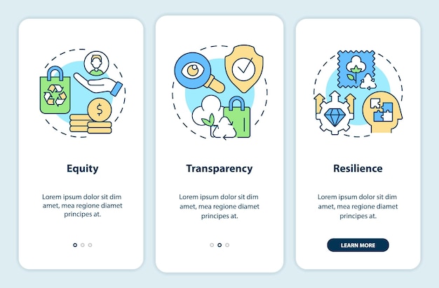 Emergent properties onboarding mobile app screen Equity and resilience walkthrough 3 steps graphic instructions pages with linear concepts UI UX GUI template Myriad ProBold Regular fonts used