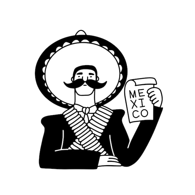 Emiliano zapata mexican revolutionary hero character in doodle style male mexican with crossed ammun