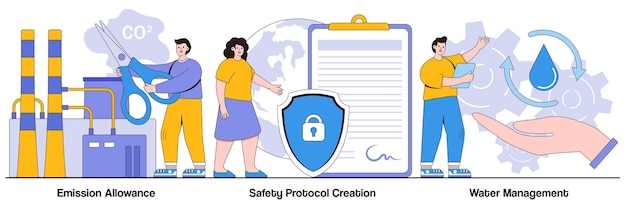 Emission allowance safety protocol creation water management concepts with people characters Controlling pollution vector illustration pack Limiting pollutants into air water and land metaphor