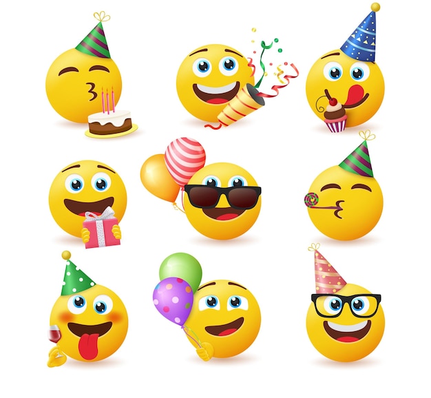 Emoji birthday vector set Emojis in party celebrating characters with gift cake confetti