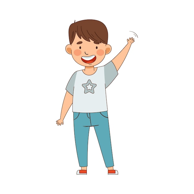 Vector emoji boy waving hand as friendly greeting vector illustration