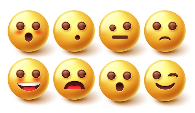 Emoji character vector set. 3d emoticon in happy and surprised facial expression isolated.