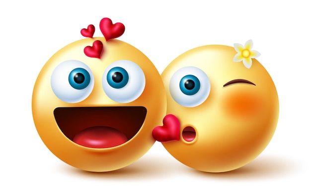 Emoji couple vector concept design. Emoji 3d inlove characters in kissing gesture.