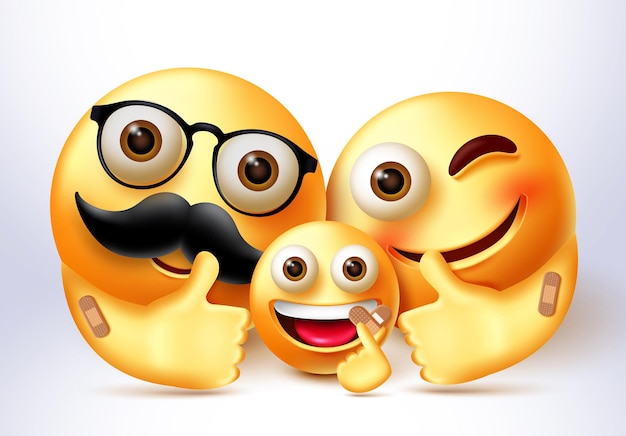 Emoji family covid vaccine vector banner design. Emoticon 3d vaccinated family characters.