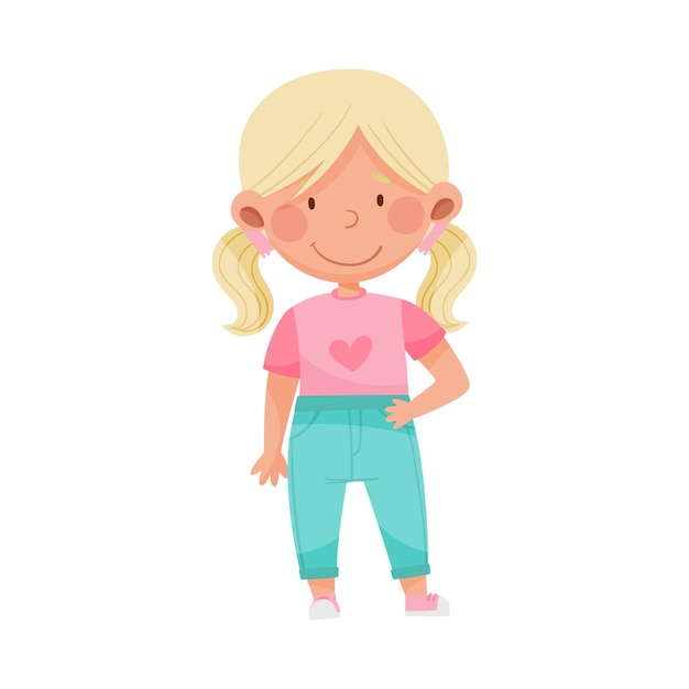 Emoji Girl with Ponytails Standing Smiling Feeling Happiness Vector Illustration