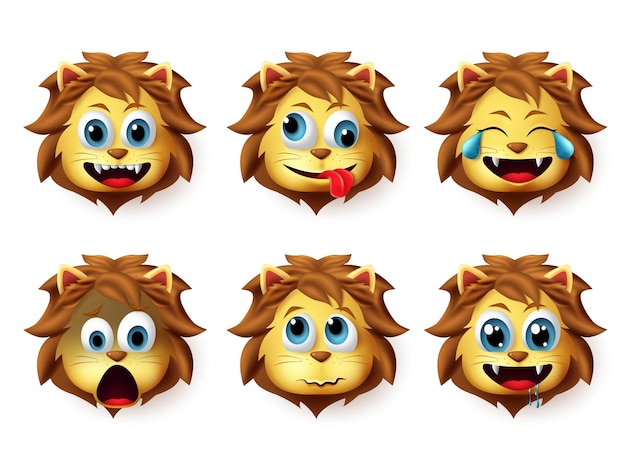 Vector emoji lion vector set lion animals emoji in happy and crazy facial expression