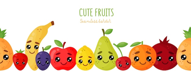 Emoji seamless border Smiley emoticons fruits and berries Isolated vector illustration