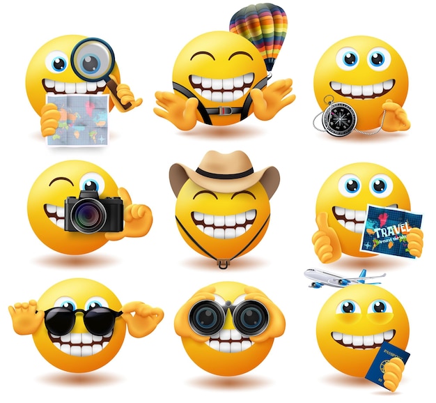 Emoji travel emoticons vector set Emojis travelling characters with map compass and hat explore