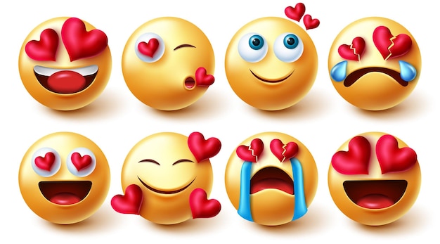 Vector emoji valentines in love vector set emoticons characters in yellow faces with hearts element