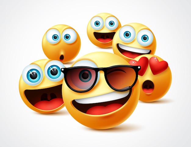 Emojis famous celebrity vector concept. Famous emoticon yellow faces group in 3d realistic avatar