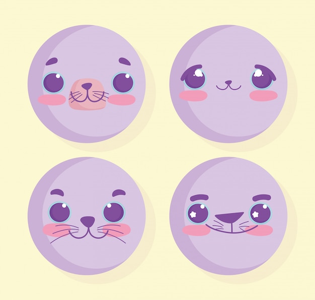 Emojis kawaii cartoon animal faces set