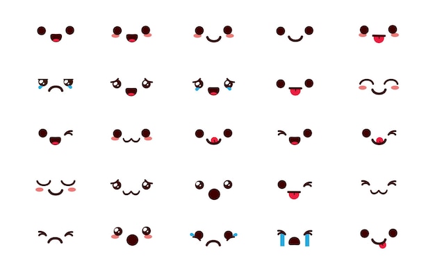 Vector emojis kawaii chibi vector set emoticon cute cartoon in happy face reaction and emotion isolated