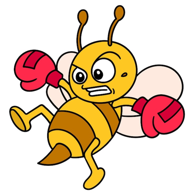 Emoticon bee wearing boxing gloves practicing kicking while flying, doodle draw kawaii. vector illustration art