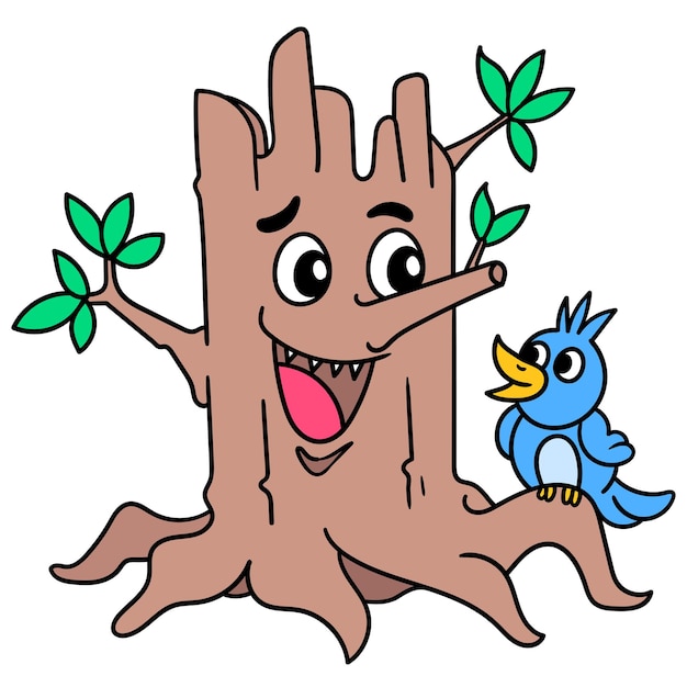 Emoticon of a smiling tree trunk playing with a small bird, doodle draw kawaii. vector illustration art