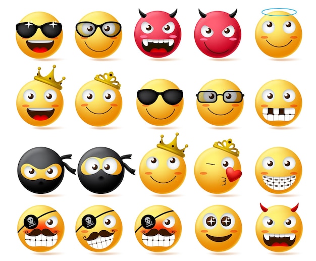 Emoticon vector set Smiling face and yellow emoji of king and queen wearing crown ninja