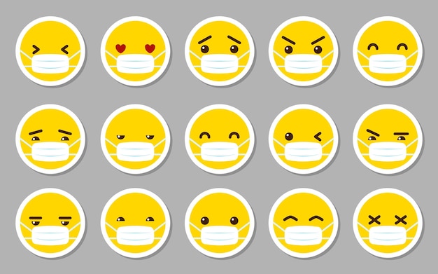 Emoticon yellow face sticker flat icon set Emoji with white medical mask cartoon character collection Hospital safety coronavirus pandemic sign Bacteria infection protection message symbol