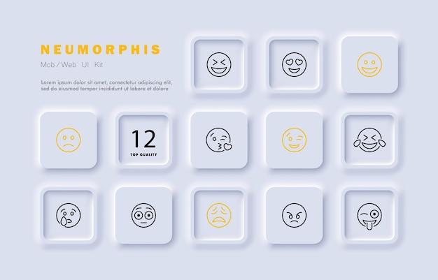 Emoticons set icon Smile laugh love heart shaped eyes adore admire cry angry show tongue wink Online communication concept Neomorphism Vector line icon for Business and Advertising