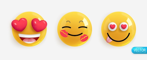 Emotion Realistic 3d Render Set Icon Smile Emoji Vector yellow glossy emoticons