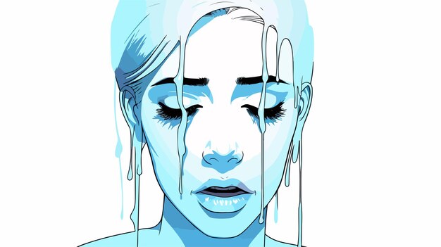 Vector emotional cartoon woman crying in cold gradient line drawing style