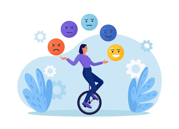 Vector emotional intelligence balance of anxiety and happiness woman juggles emoticons expression emotional faces emotions mood control mindfulness and psychology consciousness self development