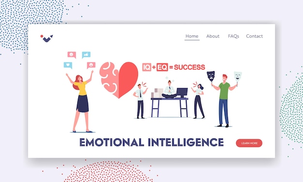 Vector emotional intelligence landing page template. iq and eq concept. characters show empathy, communication skills, reasoning and persuasion, people communicate to each other. cartoon vector illustration