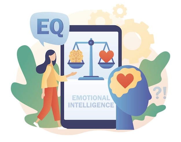 Emotional intelligence Online EQ test in app Heart and brain on balanced scale symbol Tiny woman