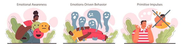 Vector emotional intelligence set emotions awareness and selfcontrol skill character with deep