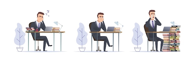 Emotional manager Tired office managers man crying and sleep at work deadline vector concept