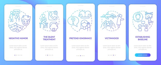 Emotional manipulation cases blue gradient onboarding mobile app screen Walkthrough 5 steps graphic instructions pages with linear concepts UI UX GUI template Myriad ProBold Regular fonts used