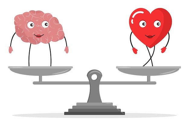 Emotional Quotient and Intelligence Heart and Brain concept Conflict between emotions and rational thinking Vector illustration