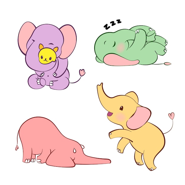 Emotional sticker set with cute elefant in different colors kawaii style cartoon emoji sticker with ...