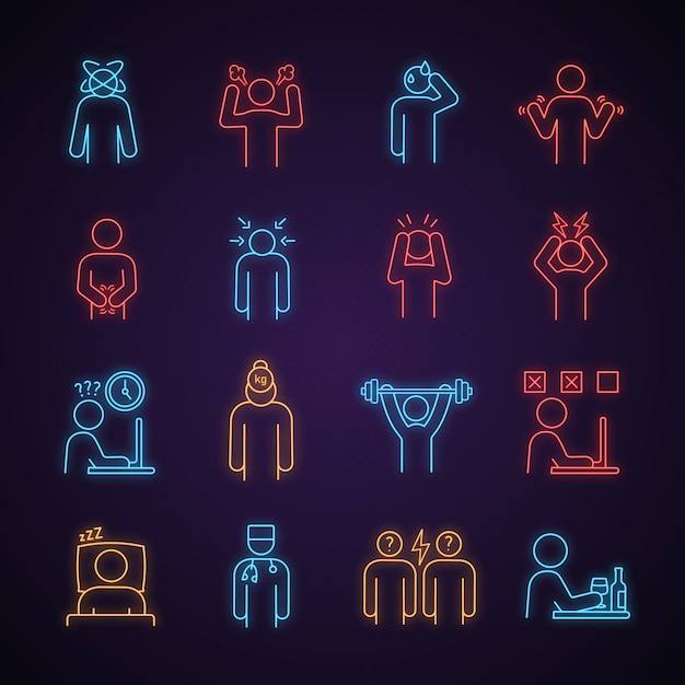 Emotional stress neon light icons set