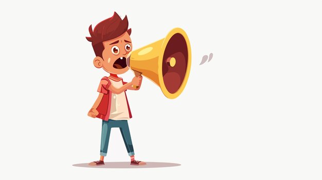 Vector emotionally excited little boy screaming into megaphone