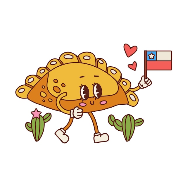 Empanada retro cartoon character with chile flag cute latin american food mascot contour ector illus