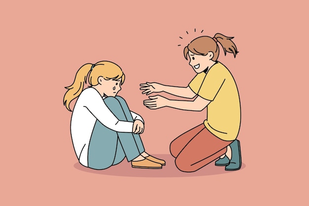 Empathy and support friend concept. Smiling small girl sitting trying to comfort her crying sad depressed friend sitting embracing heels vector illustration