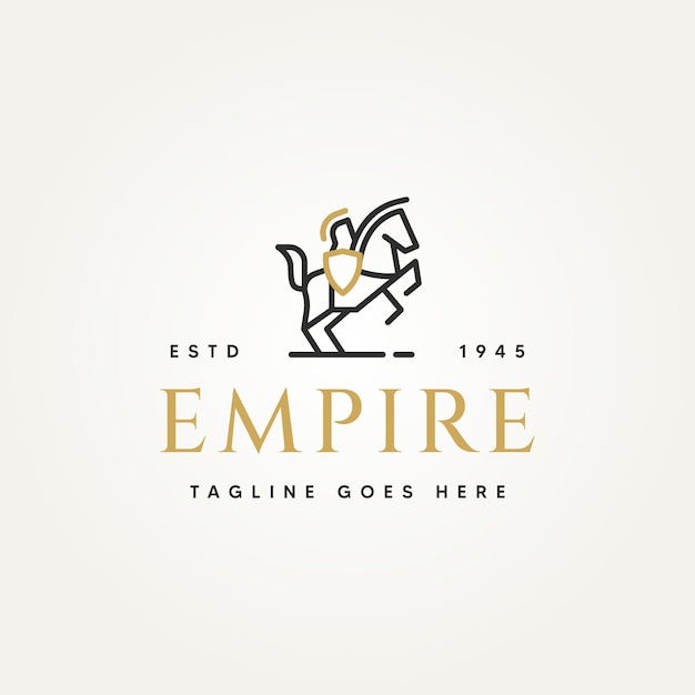 Empire simple line art logo knight with shield riding horse symbol logo vector illustration design