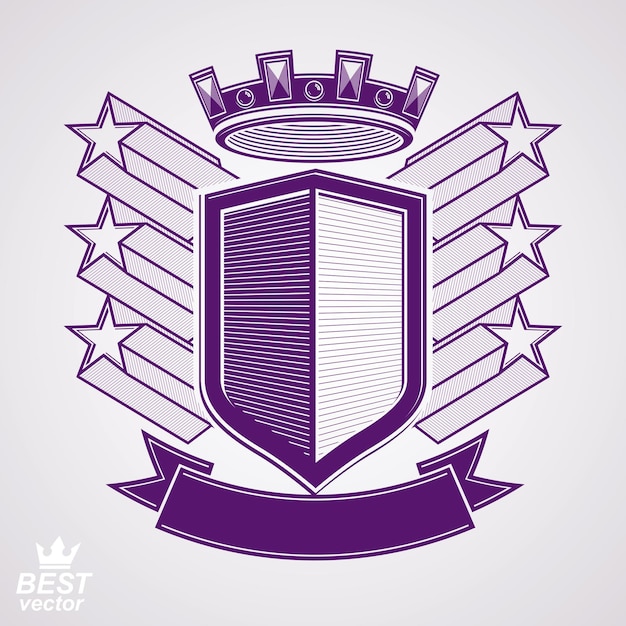 Empire stylized vector graphic symbol. Shield with 3d flying stars and imperial crown. Clear eps8 coat of arms – security idea. Elegant coronet, web design icon.