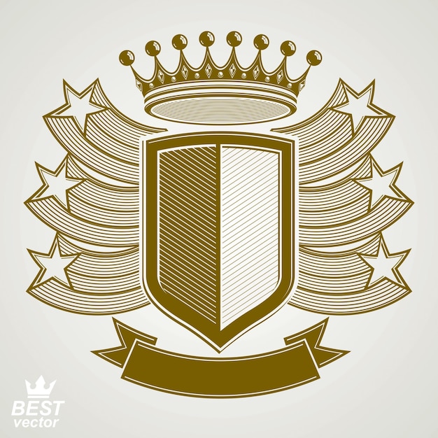 Empire stylized vector graphic symbol. Shield with 3d flying stars and imperial crown. Clear eps8 coat of arms – security idea. Elegant coronet, web design icon.