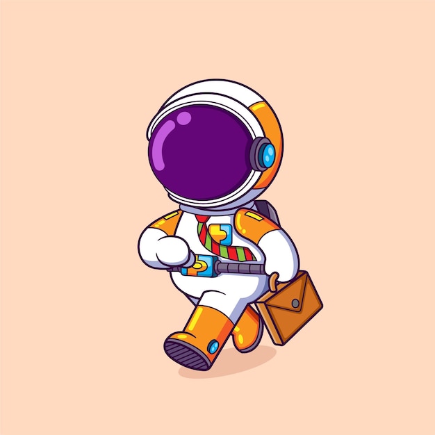 The employee astronaut is ready for go to the office with the big suitcase