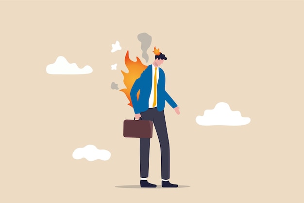 Employee burn out, exhausted from overworked or overload task, mental problem or stressful from too much workload concept, depressed businessman office worker with fire burn on his head and suit.